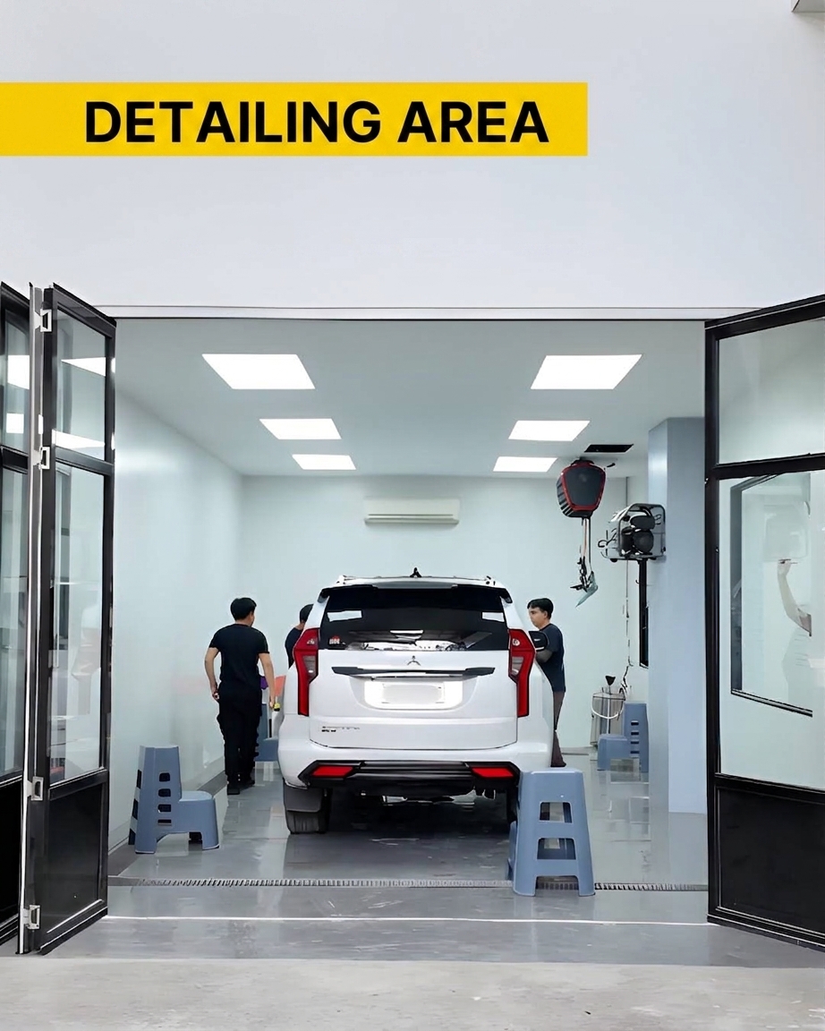 iDEALCAR detailing area with bright overhead lighting
